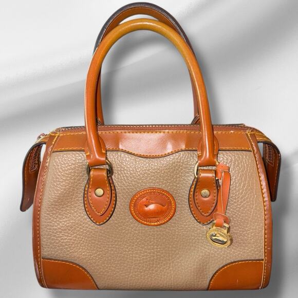 Dooney & Bourke Vintage All Weather Leather Satchel Bag Taupe Tan Trim Handbag - Picture 1 of 16